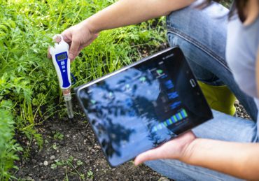PH meter tester in soil. Measure soil with digital device and tablet. Woman farmer in a garden.