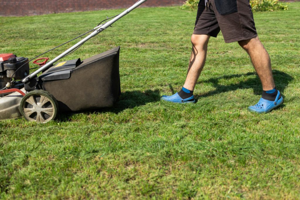 Man mowing the lawn in the backyard