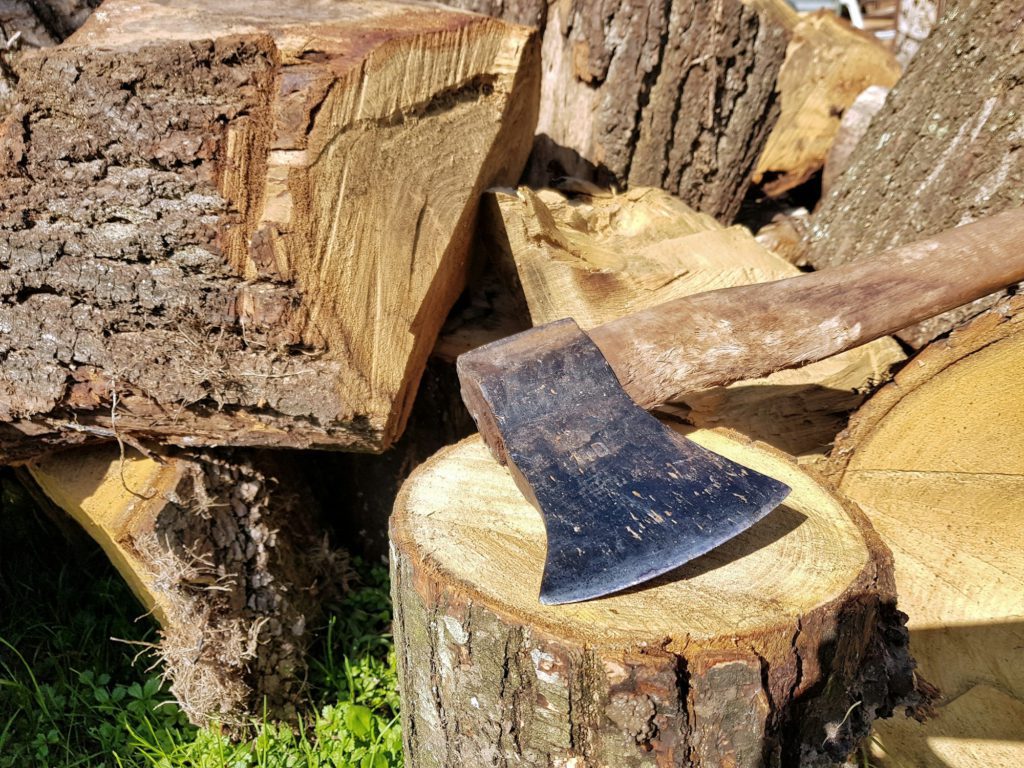 Close-up photo of axe on tree stump.